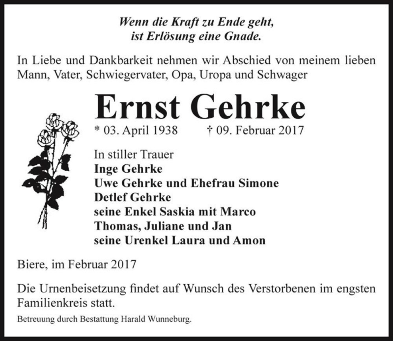  Traueranzeige für Ernst Gehrke  vom 18.02.2017 aus Magdeburger Volksstimme
