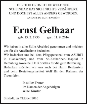 Traueranzeige von Ernst Gelhaar  von Magdeburger Volksstimme