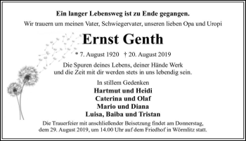 Traueranzeige von Ernst Genth  von Magdeburger Volksstimme