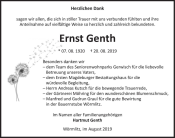 Traueranzeige von Ernst Genth  von Magdeburger Volksstimme