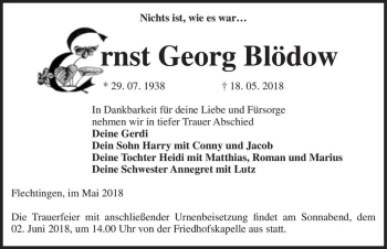 Traueranzeige von Ernst Georg Blödow  von Magdeburger Volksstimme