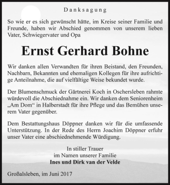 Traueranzeige von Ernst Gerhard Bohne  von Magdeburger Volksstimme