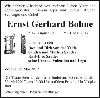 Traueranzeige von Ernst Gerhard Bohne  von Magdeburger Volksstimme