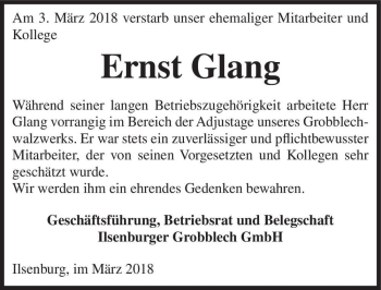 Traueranzeige von Ernst Glang  von Magdeburger Volksstimme