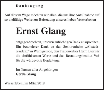Traueranzeige von Ernst Glang  von Magdeburger Volksstimme