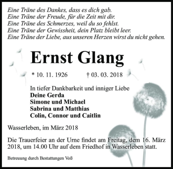 Traueranzeige von Ernst Glang  von Magdeburger Volksstimme