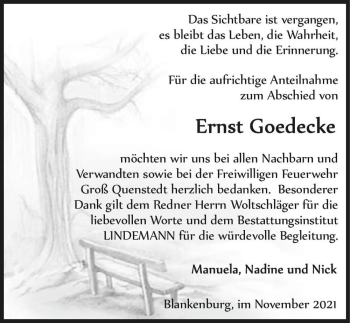 Traueranzeige von Ernst Goedecke  von Magdeburger Volksstimme