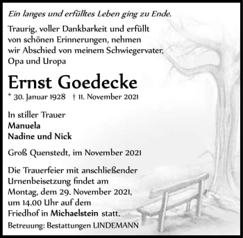 Traueranzeige von Ernst Goedecke  von Magdeburger Volksstimme
