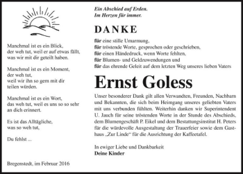 Traueranzeige von Ernst Goless  von Magdeburger Volksstimme