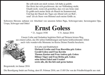 Traueranzeige von Ernst Goless  von Magdeburger Volksstimme