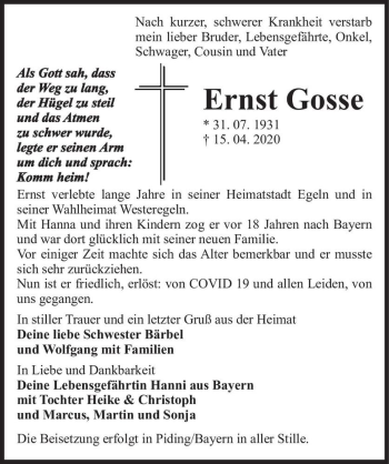 Traueranzeige von Ernst Gosse  von Magdeburger Volksstimme