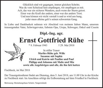 Traueranzeige von Ernst Gottfried Rühe  von Magdeburger Volksstimme