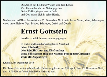 Traueranzeige von Ernst Gottstein  von Magdeburger Volksstimme