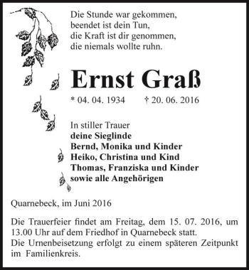 Traueranzeige von Ernst Graß  von Magdeburger Volksstimme