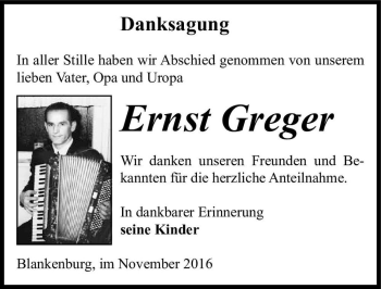 Traueranzeige von Ernst Greger  von Magdeburger Volksstimme