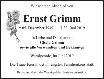 Traueranzeige von Ernst Grimm  von Magdeburger Volksstimme