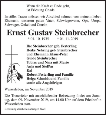 Traueranzeige von Ernst Gustav Steinbrecher  von Magdeburger Volksstimme