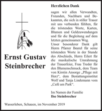 Traueranzeige von Ernst Gustav Steinbrecher  von Magdeburger Volksstimme