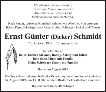 Traueranzeige von Ernst Günter (Dicker) Schmidt  von Magdeburger Volksstimme