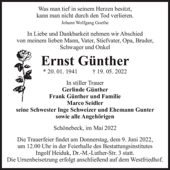 Traueranzeige von Ernst Günther  von Magdeburger Volksstimme