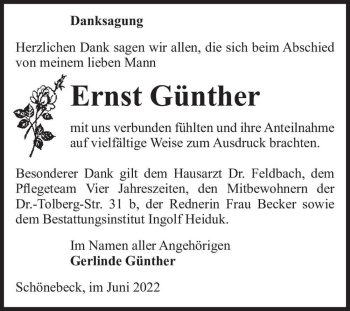Traueranzeige von Ernst Günther  von Magdeburger Volksstimme