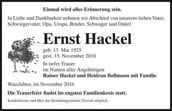 Traueranzeige von Ernst Hackel  von Magdeburger Volksstimme