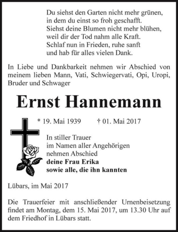 Traueranzeige von Ernst Hannemann  von Magdeburger Volksstimme