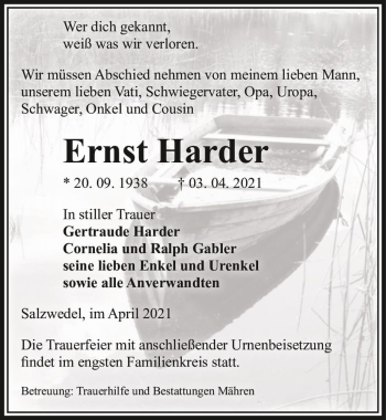 Traueranzeige von Ernst Harder  von Magdeburger Volksstimme