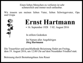 Traueranzeige von Ernst Hartmann  von Magdeburger Volksstimme