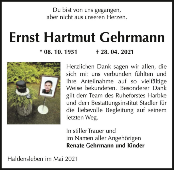 Traueranzeige von Ernst Hartmut Gehrmann  von Magdeburger Volksstimme
