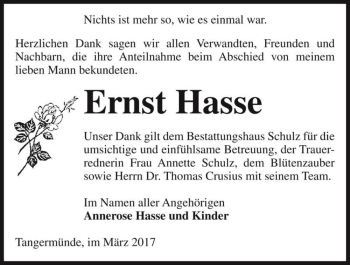 Traueranzeige von Ernst Hasse  von Magdeburger Volksstimme