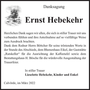 Traueranzeige von Ernst Hebekehr  von Magdeburger Volksstimme