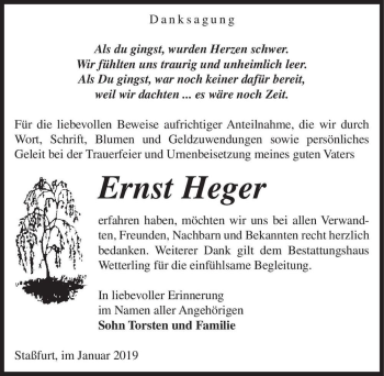 Traueranzeige von Ernst Heger  von Magdeburger Volksstimme
