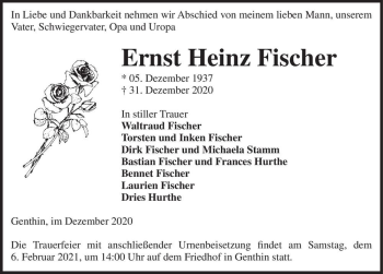 Traueranzeige von Ernst Heinz Fischer  von Magdeburger Volksstimme