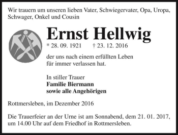 Traueranzeige von Ernst Hellwig  von Magdeburger Volksstimme