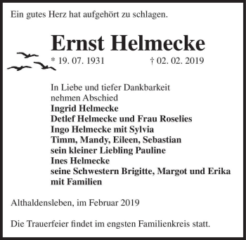 Traueranzeige von Ernst Helmecke  von Magdeburger Volksstimme