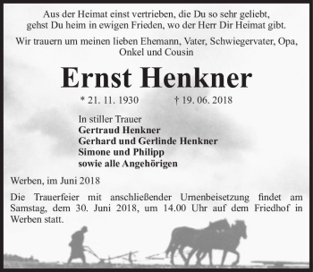 Traueranzeige von Ernst Henkner  von Magdeburger Volksstimme