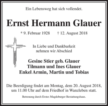 Traueranzeige von Ernst Hermann Glauer  von Magdeburger Volksstimme