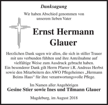 Traueranzeige von Ernst Hermann Glauer  von Magdeburger Volksstimme