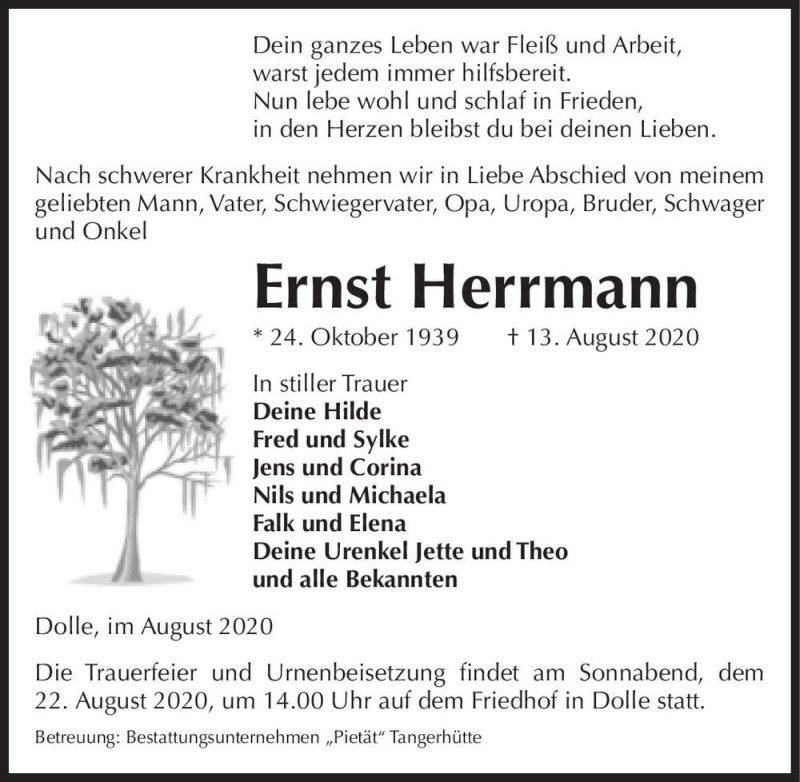  Traueranzeige für Ernst Herrmann  vom 15.08.2020 aus Magdeburger Volksstimme