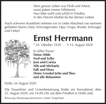 Traueranzeige von Ernst Herrmann  von Magdeburger Volksstimme