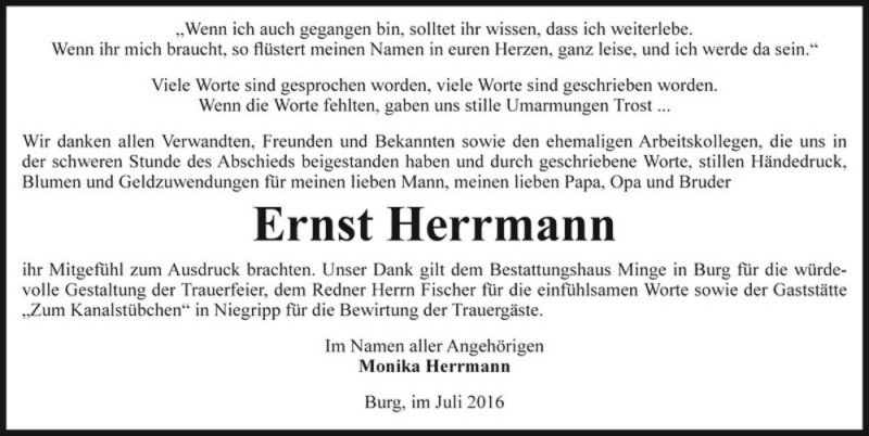  Traueranzeige für Ernst Herrmann  vom 16.07.2016 aus Magdeburger Volksstimme