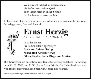 Traueranzeige von Ernst Herzig  von Magdeburger Volksstimme