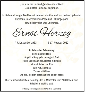 Traueranzeige von Ernst Herzog  von Magdeburger Volksstimme