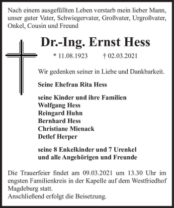 Traueranzeige von Ernst Hess  von Magdeburger Volksstimme