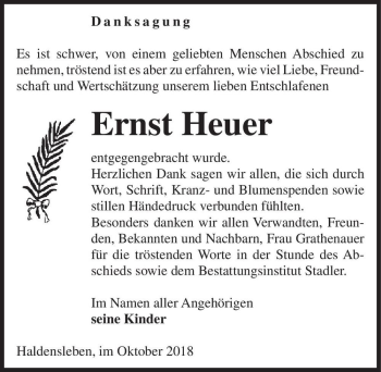 Traueranzeige von Ernst Heuer  von Magdeburger Volksstimme