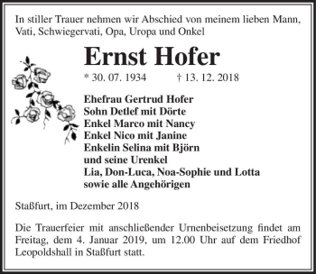 Traueranzeige von Ernst Hofer  von Magdeburger Volksstimme