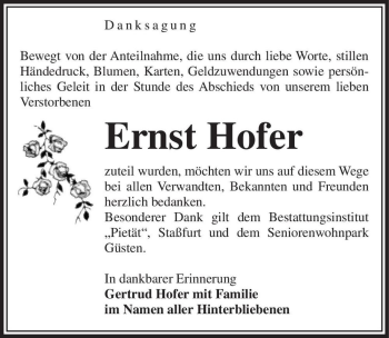 Traueranzeige von Ernst Hofer  von Magdeburger Volksstimme