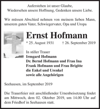 Traueranzeige von Ernst Hofmann  von Magdeburger Volksstimme