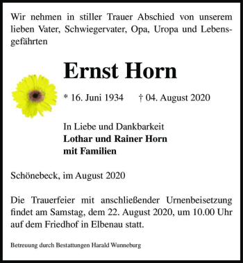 Traueranzeige von Ernst Horn  von Magdeburger Volksstimme